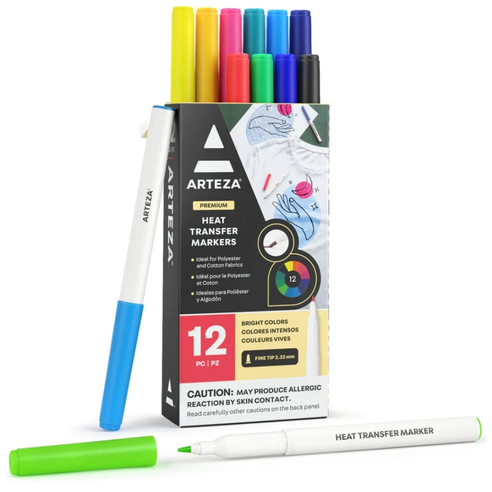 Arteza Heat Transfer Fabric Markers, 12 Colors, Fade-Resistant Heat Transf